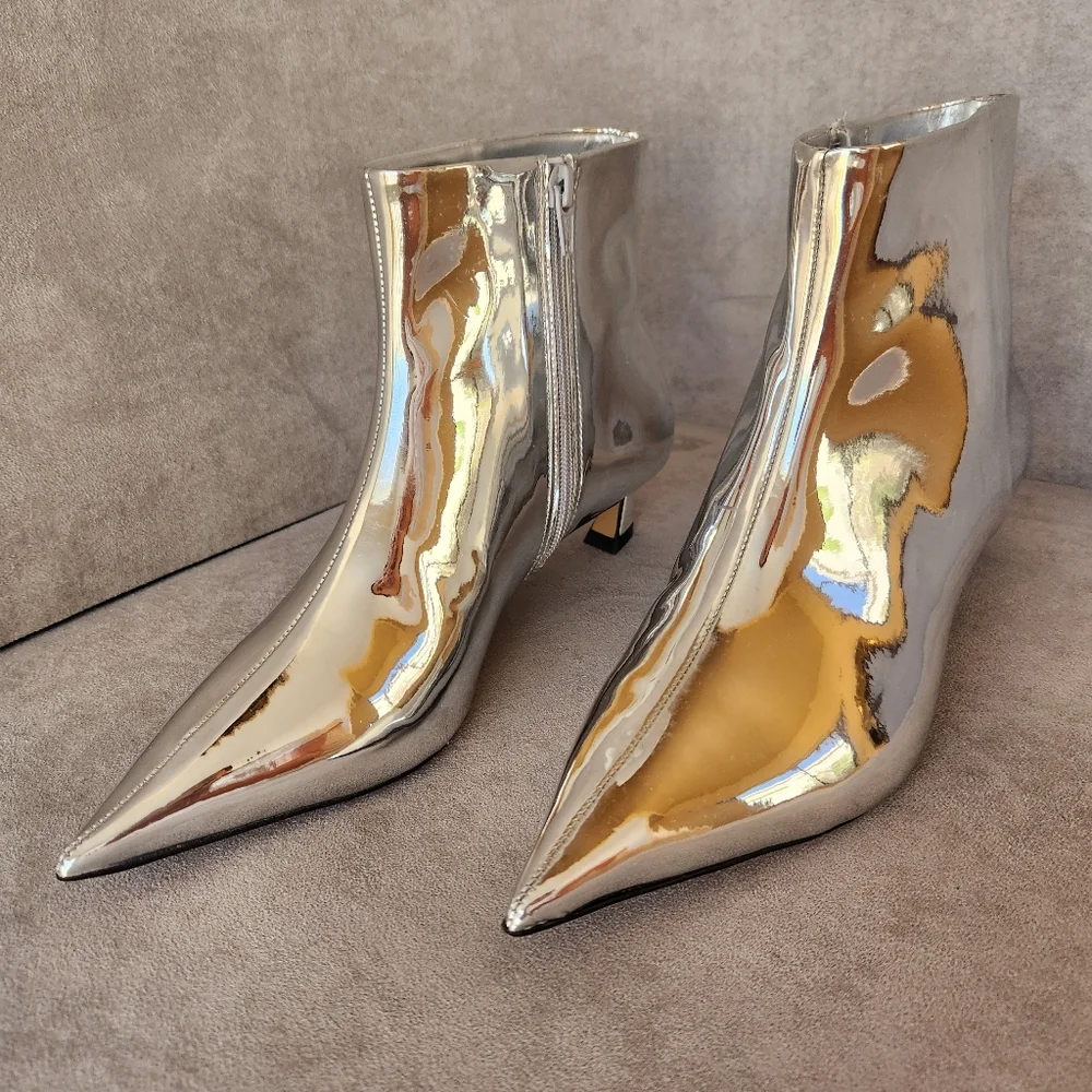 Gianni Bini Booties 6.5 Silver Mirror Georgina Kitten Heels Pointed Toe New $140